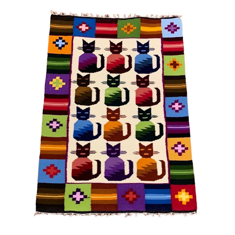 Vintage Peruvian Hand Made Woven Cat Tapestry Rug